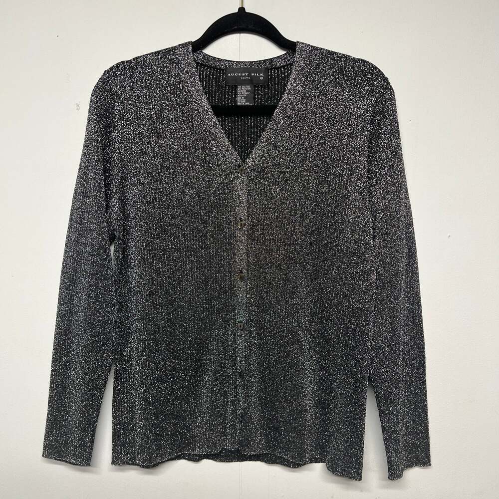 August Silk Metallic Button Front Long Sleeve Silk Cardigan Women Medium Evening